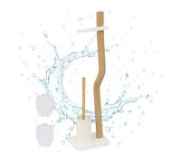 Relaxdays toilet set, HxWxD: 78.5 x 23 x 18 cm, wood & metal, freestanding toilet paper holder with brush, white/natural
