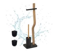 Relaxdays toilet set, HxWxD: 78.5 x 23 x 18 cm, wood & metal, freestanding toilet paper holder with brush, black/natural