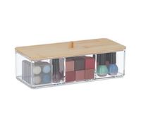 Relaxdays Toiletry Storage Box with Bamboo Lid, 3 Compartments, Plastic, Versatile, 23.5 x 10 x 8cm, Transparent/Natural