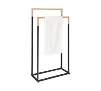 Relaxdays towel holder, HxWxD: 86 x 44 x 21 cm, metal, bamboo, 2 rods, freestanding design, black/natural