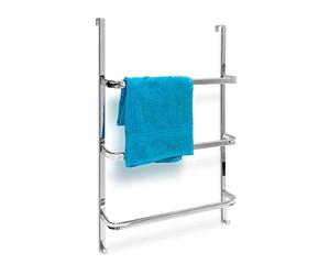 Relaxdays Towel Holder with 3 Rails: 85 x 54 x 11 cm Stainless Steel for All Standard-Size Doors with no Drilling, Chrome Finish w/ 2 Hooks, Modern Bathroom & Kitchen Style, Metallic Silver