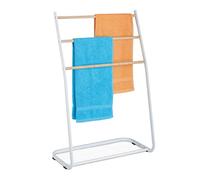 Relaxdays Towel Rack, 3 Rails, H x W x D: 87 x 58 x 29.5 cm, Standing Towel Holder, Wood Optic, Iron, White