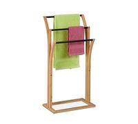 Relaxdays Towel Rack, Bamboo, 3 Staggered Rails, HWD: 82 x 42 x 24 cm, Bathroom Clothes Holder, Standing, Natural/Black
