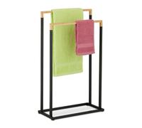 Relaxdays Towel Rail, 2 Staggered Bars, Airer, Dryer, HWD: 76 x 45 x 21.5 cm, Bathroom Stand, Bamboo, Natural/Black, Iron