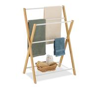 Relaxdays Towel Rack, with 4 Rails and Shelf, 87 x 60.5 x 37.5 cm, Bathroom & Shower Airer, Bamboo & Iron, Natural/White