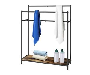 Relaxdays towel rack with shelf, HxWxD: 100x82x29 cm, industrial, 3 bars, freestanding, brown/black