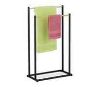 Relaxdays Towel Rail, 2 Staggered Bars, Airer, Dryer, HWD: 76 x 45 x 21.5 cm, Bathroom Stand, Bamboo, Natural/Black, Iron