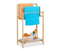Relaxdays Towel Rail, 3 Bars & Shelf, Bamboo & Metal, HxWxD: 90 x 51 x 30.5 cm, Free-Standing, Shower Rack, Natural