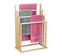 Relaxdays Towel Rail, 4 Bars & Shelf, Bamboo & Metal, HWD: 82 x 55 x 31 cm, Free-Standing Drying, Shower Rack, Natural