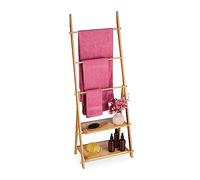 Relaxdays Towel Stand Bamboo, 3 Bars, 2 Storage Shelves, HWD: 134 x 53 x 31.5 cm, Free-Standing, Bathroom Rack, Natural