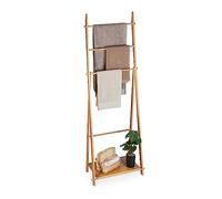 Relaxdays Towel Stand Bamboo, 4 Bars and a Storage Shelf, HWD: 153 x 53.5 x 30 cm, Free-Standing, Bathroom Rack, Natural