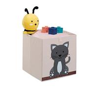 Relaxdays Toy Box, Children, Cat Symbol, HxWxD: 33 x 33 x 33 cm, Clothes, Tidy, Foldup, Storage, Play, Chest, Beige/Grey