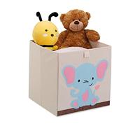 Relaxdays Toy Box, Children, Elephant Symbol, HxWxD: 33 x 33 x 33 cm, Clothes, Tidy, Foldup, Storage, Chest, Beige/Blue, Fleece