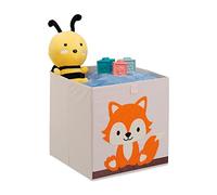 Relaxdays Toy Box, Children, Fox Symbol, HxWxD: 33 x 33 x 33 cm, Clothes, Tidy, Foldup, Storage, Chest, Beige/Orange, Fleece