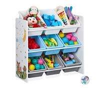 Relaxdays toy storage unit, kids organiser with 9 boxes, nursery organiser, MDF, plastic, bonfire print, colourful