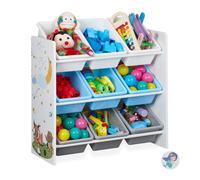 Relaxdays toy storage unit, kids organiser with 9 boxes, nursery organiser, MDF, plastic, bonfire print, colourful