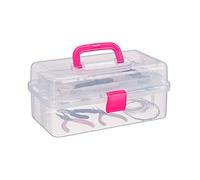 Relaxdays Transparent Plastic Storage Box, 9 Compartments for Small Tools, Press Lock, HWD 14x33x19 cm, Pink