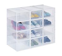 Relaxdays Shoe Boxes 12 Pack, Footwear Organiser, Stackable, Plug-in, up to Size 45, with Ventilation Slots, Transparent, 14.5 x 23 x 33.5 cm