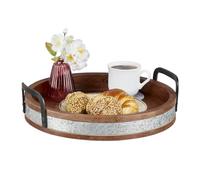 Relaxdays Tray, Round Serving Tray, Mango Wood, H x D: 9 x 35 cm, Holder with Handles, Decorative Tray, Brown/Silver