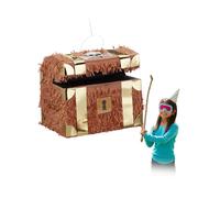 Relaxdays Hanging Treasure Chest Pinata, Children, Pirates, Birthday, Fillable, HxWxD: 27 x 30 x 23 cm, Brown