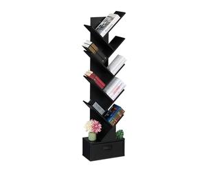 Relaxdays Tree Bookshelf, 9-Tier Bookcase, HWD: 146 x 38 x 22 cm, Storage for Books & CDs, Free-Standing, Drawer, Black