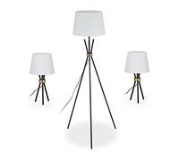 Relaxdays Tripod Lamps Set of 3, Floor Lamp & 2 Table Lamps, Retro Design, E27, 60 W, Tripod Lamps, Black/White