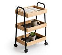 Relaxdays Trolley, 3 tiers, bamboo & metal, H x W x D: 73x45.5x28 cm, for bathroom, kitchen & living room, natural/black