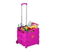 Relaxdays Trolley, Foldable, Up to 35 kg, 50 L, with Telescopic Handle, Shopping Transport Cart, Pink, 98 x 45.5 x 37 cm