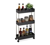 Relaxdays Trolley on Wheels, Plastic, 70 x 15.5 x 40.5 cm, Narrow Storage Shelf, 4 Hooks, 3 Levels, Multipurpose, Black