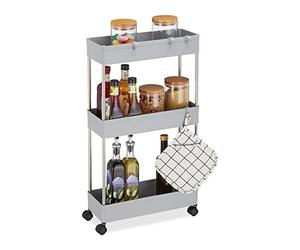 Relaxdays Trolley on Wheels, Plastic, 70 x 15.5 x 40.5 cm, Narrow Storage Shelf, 4 Hooks, 3 Levels, Multipurpose, Grey, 50% Stainless Steel
