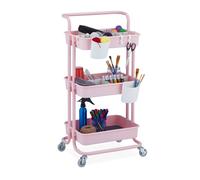 Relaxdays Storage Trolley, 3 Shelves, All-Purpose, Rolling Shelf H x W x D Approx. 86 x 43 x 42 cm, Metal, Pink