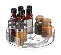 Relaxdays Turntable, Ø 27 cm, 4 Compartments, Plastic Rotating Fridge Organiser, Kitchen & Bathroom, Round, Transparent, 6.5 x 27 x 27 cm