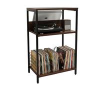 Relaxdays Turntable Stand with Dividers, 3 Levels, Iron/MDF, 65x40x30 cm, Brown/Black Record Shelf