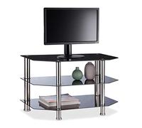 Relaxdays TV Stand, 3 Tempered Glass Shelves, Rubber Feet, Stainless Steel, 49x80x45cm, Black/Silver