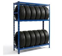 Relaxdays tyre rack, 12 tyres, HxWxD 180 x 120 x 40 cm, 450 kg, steel, slot-together assembly, workshop, blue