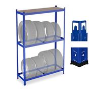 Relaxdays tyre rack for 8 tyres, HxWxD: 180 x 120 x 40 cm, 795 kg, steel, easy assembly, wheel rack with shelf, blue