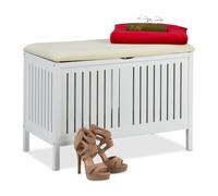 Relaxdays Wooden Bench with Storage, Padded Bench Seat, 80 l Compartment, Country Style, Wood, Chest HxWxD: 56 x 78 x 39 cm, White
