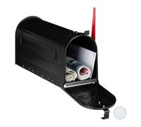 Relaxdays US Mailbox Post, Vintage American Letterbox, Newspaper Slot, Large, HxWxD: 25x19x52.5 cm, Red Flag, Black, Steel, 1 Item