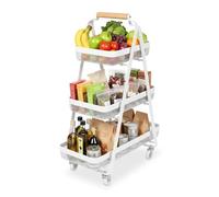 Relaxdays utility cart, 3 tiers, metal, wood handle, HxWxD: 84.5 x 57 x 31 cm, 4 wheels, kitchen, bathroom, white