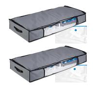 Relaxdays Vacuum, 2X Set Underbed Storage, HxWxD: 15 x 100 x 45 cm, Clothes & Bed Linen, Bag with Hoover Valve, Grey