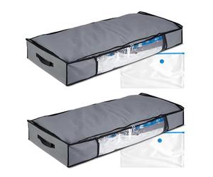 Relaxdays Vacuum, 2X Set Underbed Storage, HxWxD: 15 x 100 x 45 cm, Clothes & Bed Linen, Bag with Hoover Valve, Grey