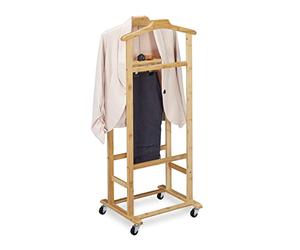 Relaxdays Valet on Castors, for Men and Women, Bamboo Clothes Rack, in Bedroom or Hallway, HWD: 107x47x37 cm, Natural