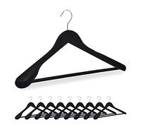 Relaxdays Velvet Coat, Set of 10, Wood, Wide Width with Trouser Bar, 360° Clothes Hook, Suit Hanger, Black, 23.5 x 45 x 7 cm