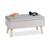 Relaxdays ottoman storage bench, velvet upholstery, 40 l capacity, padded, wooden legs, seating furniture, light grey