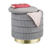 Relaxdays Velvet Ottoman with Storage Space, Round, Elegant Upholstered Stool, HxØ: 43.5 x 41 cm, Corduroy, Grey/Gold, Fibreboard