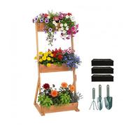 Relaxdays Vertical Wooden Planter, 3-Tier Balcony/Terrace Bed, Including Fleece & Accessories, Natural, 140x60x50 cm