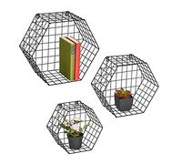 Relaxdays Wall 3pcs, Metal, Various Sizes, Lattice Design, Industrial, Hanging Shelf Hexagon, Decorative, Black, Iron, set of 3