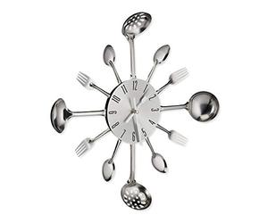Relaxdays Wall Clock Cutlery, Kitchen Decoration, Spoon, Fork & Ladle, Ø 40 cm, Battery Operated, With Ticking, Silver