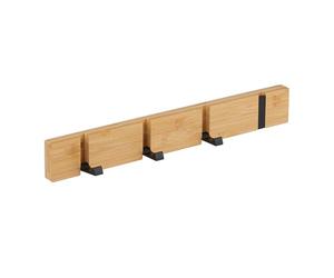 Relaxdays Wall Coat Rack, 4 Folding Hooks, Bamboo & Metal, for Screws or Adhesive, Hallway Jacket Rail, Natural/Black, Aluminium, 5.5 x 40 x 5 cm