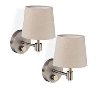 Relaxdays Wall Light, Set of 2, Dimmable, with Switch, Fabric Lampshade, Vintage Sconce, E14, 23x15x21 cm, Beige/Silver, 40% Linen